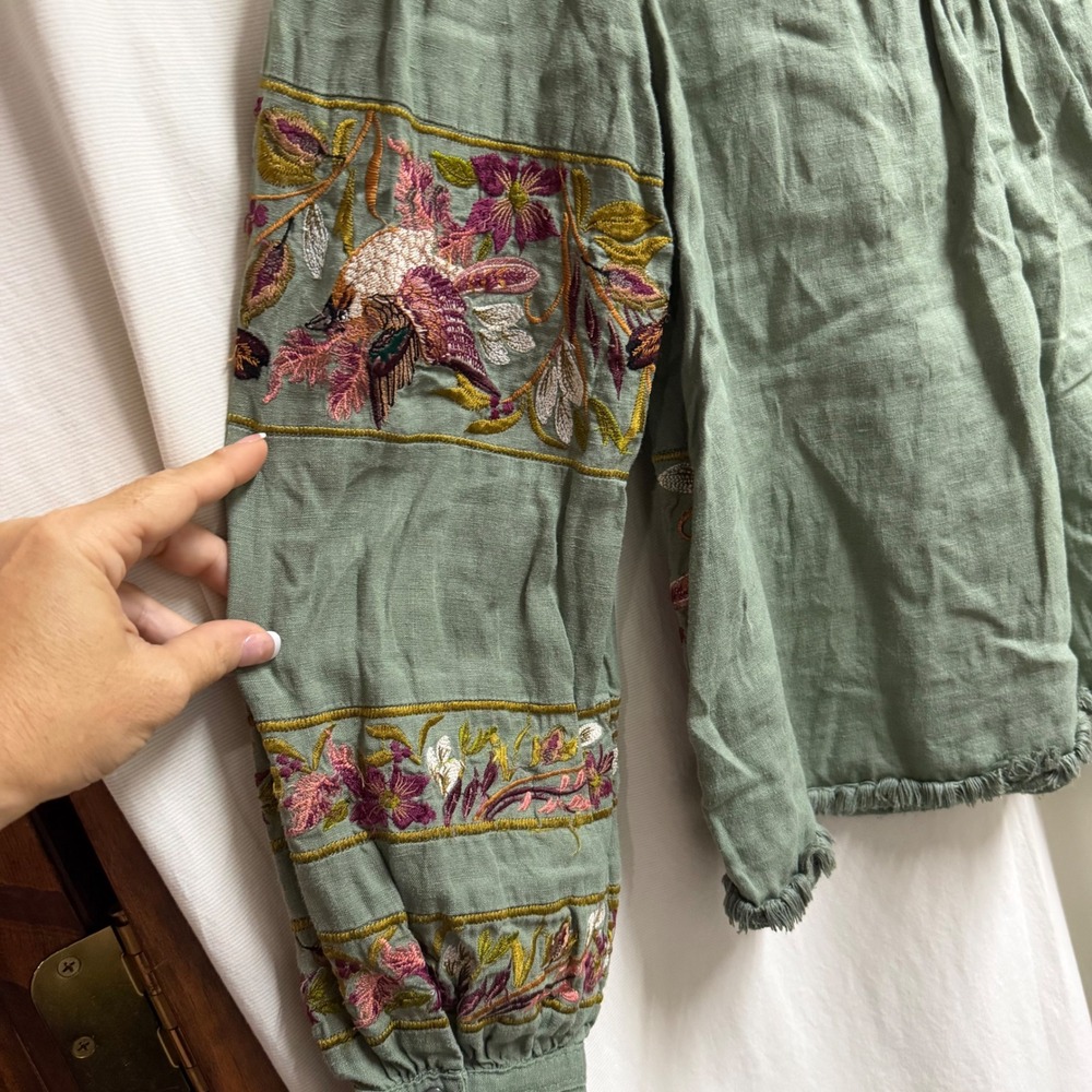 Sundance Womens Sage Green Embroidered Bird Floral Linen Peasant Blouse Small - Picture 10 of 11